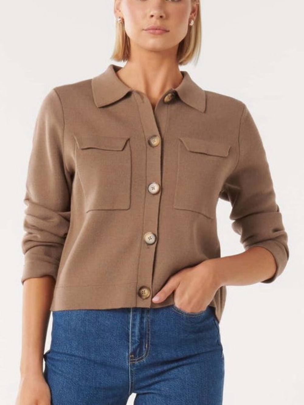 Ever New Tan Button-Front Knit Shirt Jacket